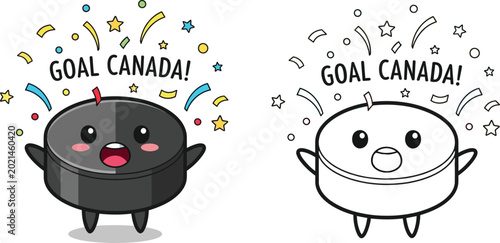 Photography Cute Hockey Puck Mascot Celebrating Goal Canada Illustration and Coloring Page O