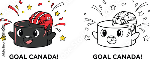 Photography Cute Hockey Puck Mascot Celebrating Goal with Canadian Helmet Illustration and C