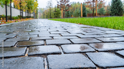 Wet cobblestone path after rain in park, empty walkway with green grass and autumn tree line