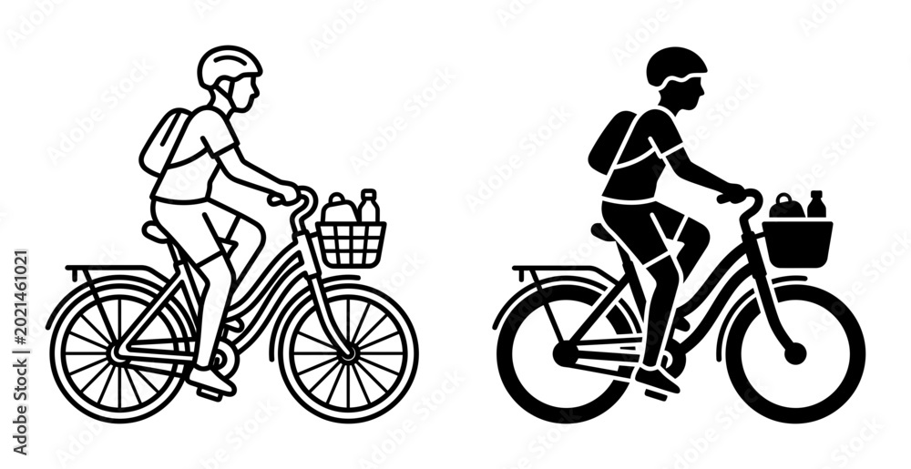 Obraz premium Cyclist with Basket, Bicycle Commute Icon Set, Urban Transportation Vector Graphics