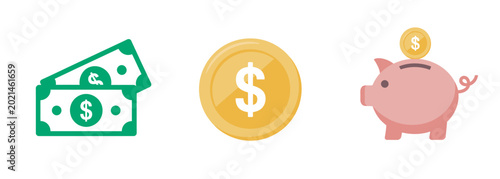 Fényképezés Simple flat icons of money, coins, and a piggy bank for savings and financial concepts