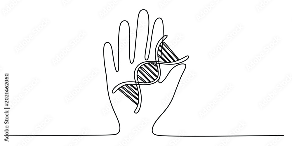 Obraz premium Continuous single line drawing of a human hand holding a dna strand symbol Vector, illustration