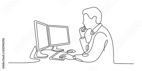 Continuous single line drawing of a man working on a computer sitting at a desk and looking at two monitors for office business or technology work Vector, illustration