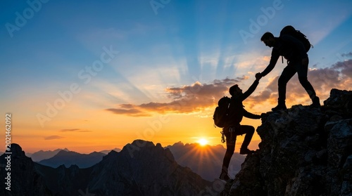 Teamwork and Leadership Concept: Silhouette of a Hiker Helping a Friend to Climb a Mountain Cliff at Sunrise