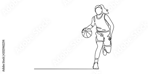 Photos Continuous single line drawing of a female basketball player dribbling the ball