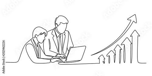 Business people working on laptop with growing financial chart in continuous line drawing style Vector, illustration