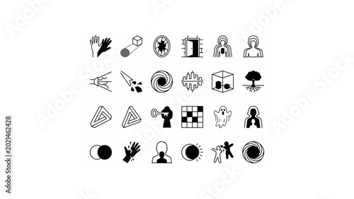 Minimal Shadow Reality Symbolic Icon Set – Thin Line Black Outline Surreal Dimension Vector Icons Grid