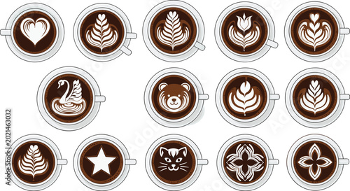 Bild auf Leinwand Coffee Latte Art Top View Icon Set with Cappuccino Foam Designs Including Heart