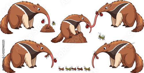 Photography Cute Cartoon Anteater Character Set with Funny Wild Animals Catching Insects in