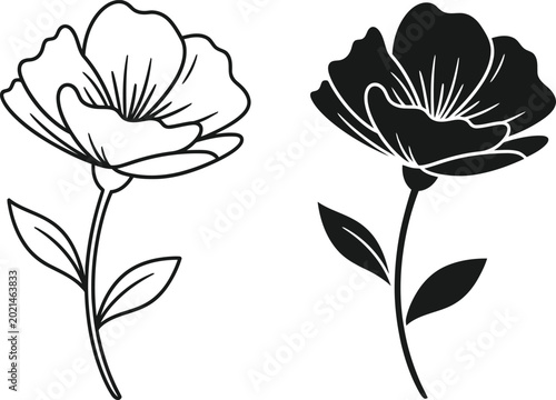 Single blooming poppy flower with green leaves vector illustration Vector