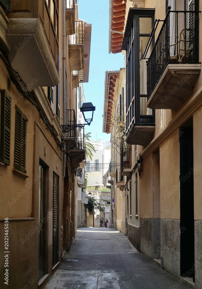 Naklejka premium Typical narrow alley in Palma's old town with Mediterranean facades and shutters