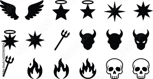 Bild auf Leinwand Good and evil solid icon set featuring angel wings holy halo stars devil horns p