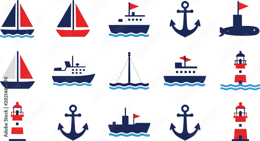 Fototapeta premium Nautical maritime icon set featuring sailboats anchors cruise ships submarines and lighthouses isolated on white background vector illustrationNautical maritime icon set featuring sailboats anchors cr