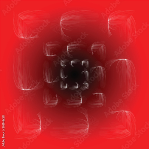 Abstract luminous fractal waves forming hypnotic geometric symmetry on vibrant crimson