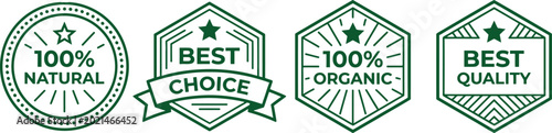 Foto Four green quality assurance badges with text stars and decorative elements isol