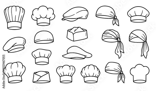 Foto Hand Drawn Chef Hat Doodle Vector Set of 16 Culinary Headwear Outline Icons for