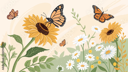 Vibrant illustration of monarch butterflies flying around sunflowers and daisies in a lush green field with warm sunlight and soft beige background