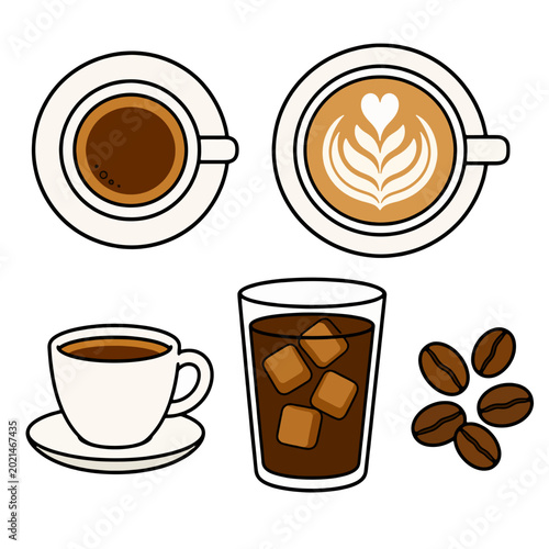 Fotografie A selection of coffee drinks, including espresso and iced coffee, alongside coff