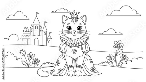 Whimsical cat in royal costume sitting.