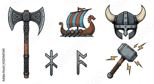 Tablou pe pânză Viking Axe Helmet Ship Hammer.