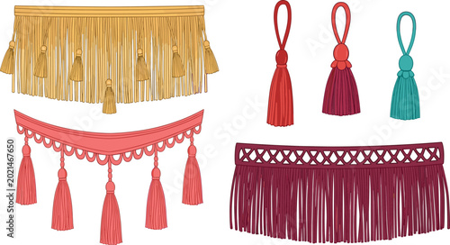 Valokuva Decorative tassel fringe vector illustration set with colorful hanging trims for