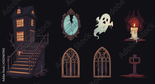 Tableau sur toile Ghost floating near lit candle and haunted house.