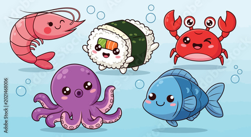 Photos Cartoon sea creatures and sushi together.