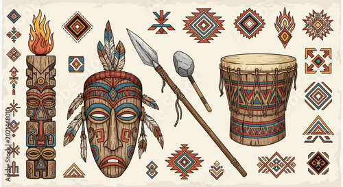 Tribal mask with feathers and spear.