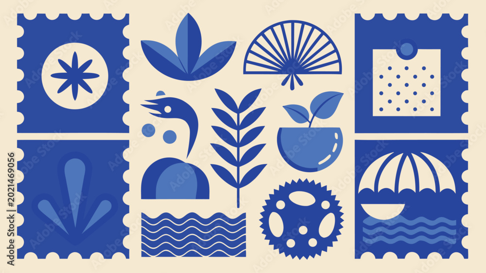 Fototapeta premium Decorative blue postage stamp collection with modern geometric and floral motifs