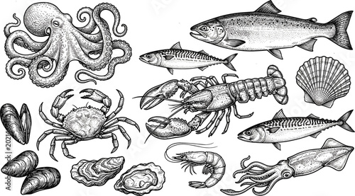 Vintage seafood engraved collection vector set featuring hand drawn detailed sketches of octopus lobster crab salmon shrimp squid mussels oyster and fish.