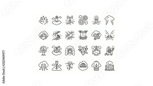 Minimal Fog Civilization Symbolic Icon Set – Thin Line Black Outline Atmospheric Vector Icons Grid