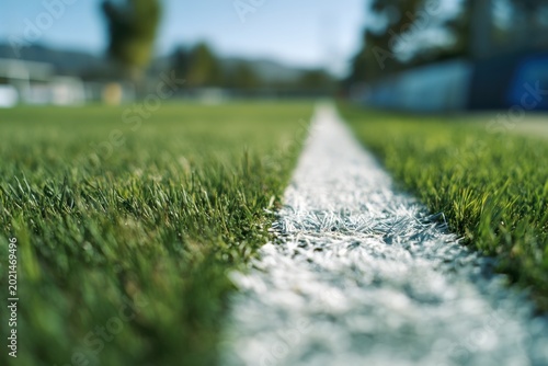 Close-up of a white soccer field line on green grass turf with sharp contrast and fine texture under natural light.