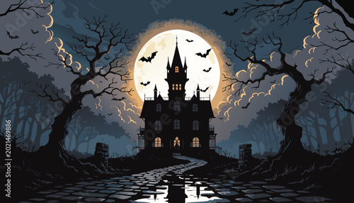 Halloween themed castle silhouette vector with bats, spooky trees, and eerie scary night atmosphere background.