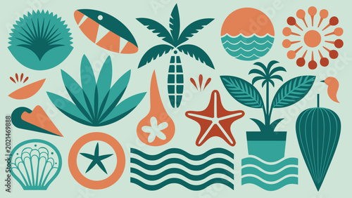 Schilderij op canvas Mid century modern tropical beach vector elements with teal and coral color sche