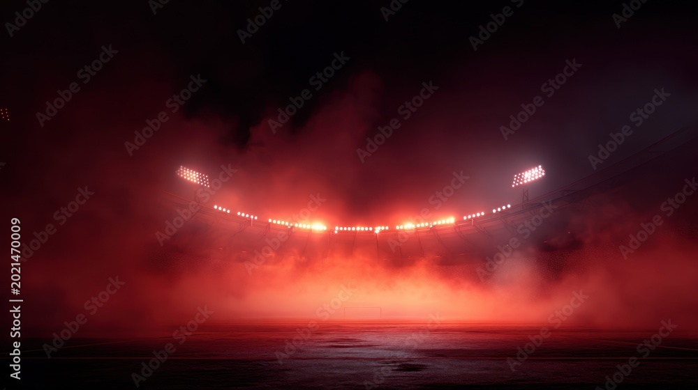 Obraz premium Soccer stadium surrounded by glowing red steam, creating a surreal and intense atmosphere with minimal field visibility.