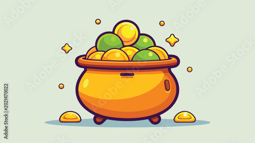 Tableau sur toile A yellow pot brimming with green and gold coins, accented by twinkling stars and