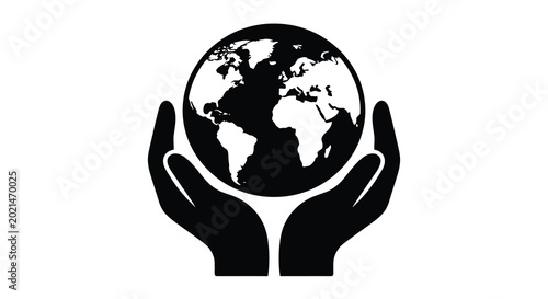 Earth in hands silhouette against white background