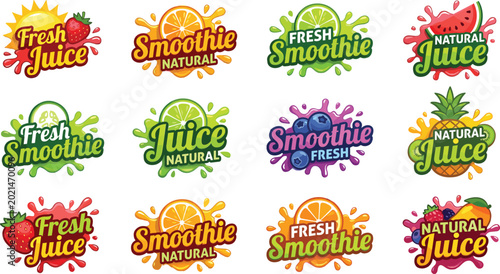 Obraz na płótnie Collection of colorful fresh juice stickers and organic smoothie labels vector illustration with typographic text drops liquid bursts and delicious tropical fruits elements