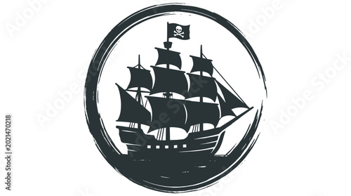 Tableau sur toile Silhouette of a pirate ship with Jolly Roger flag inside a circle