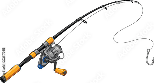 Konstfotografi Realistic fishing rod vector illustration with spinning reel, line, and hook for