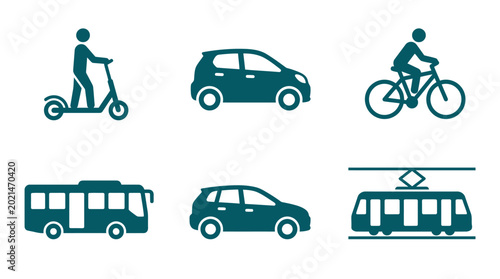 Quadro em tela Various modes of urban transport illustrated, showcasing scooters, cars, bicycle