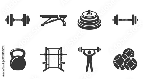 Bilde på lerret Collection of gym equipment including weights, benches, and exercise tools for f