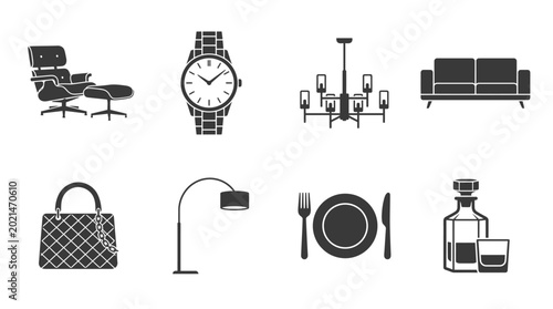 Set of eight luxury lifestyle icons featuring furniture accessories and personal items.