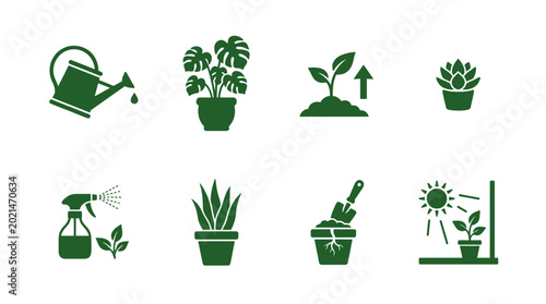 Slika na platnu Set of eight green flat gardening and indoor plant care icons.