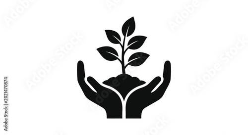 hands holding plant seedling black silhouette on white background