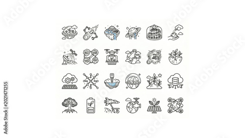 Minimal Cosmic Agriculture Symbolic Icon Set – Thin Line Black Outline Space Farming Vector Icons Grid