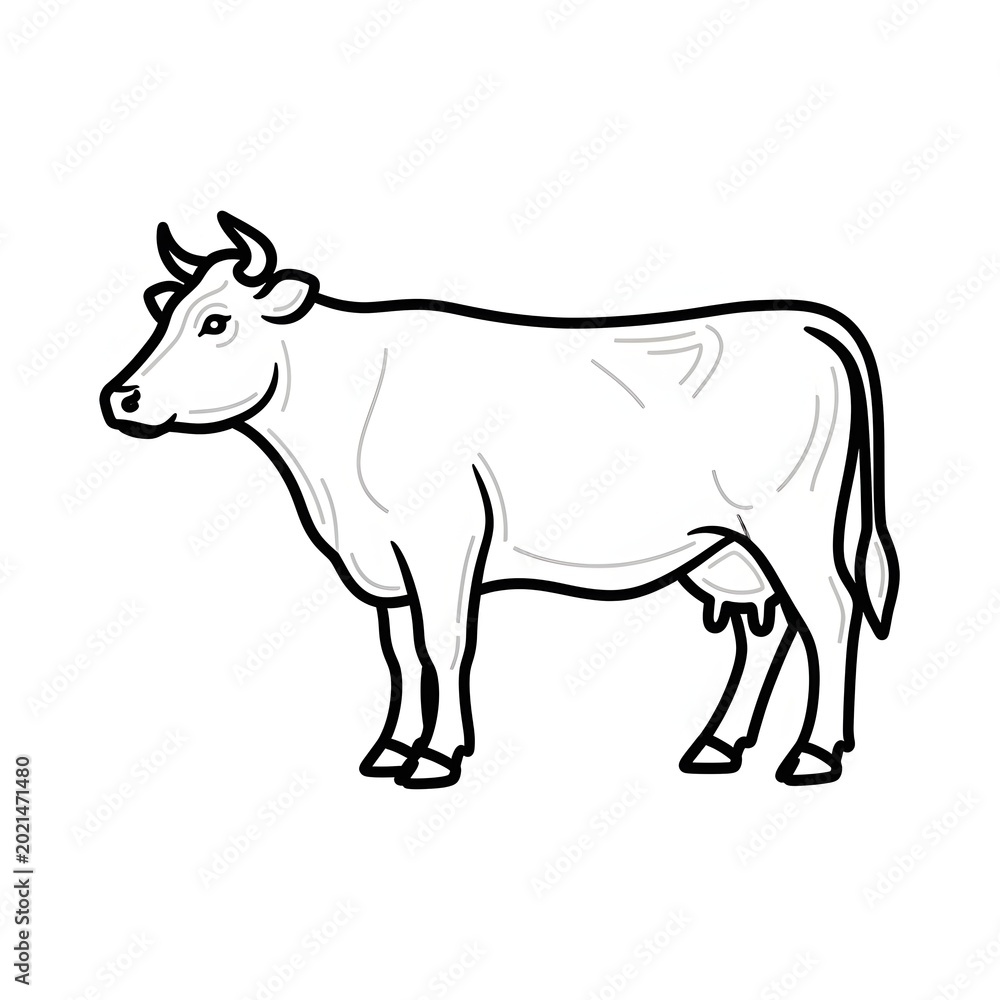 Fototapeta premium Detailed line art of a dairy cow grazing in profile