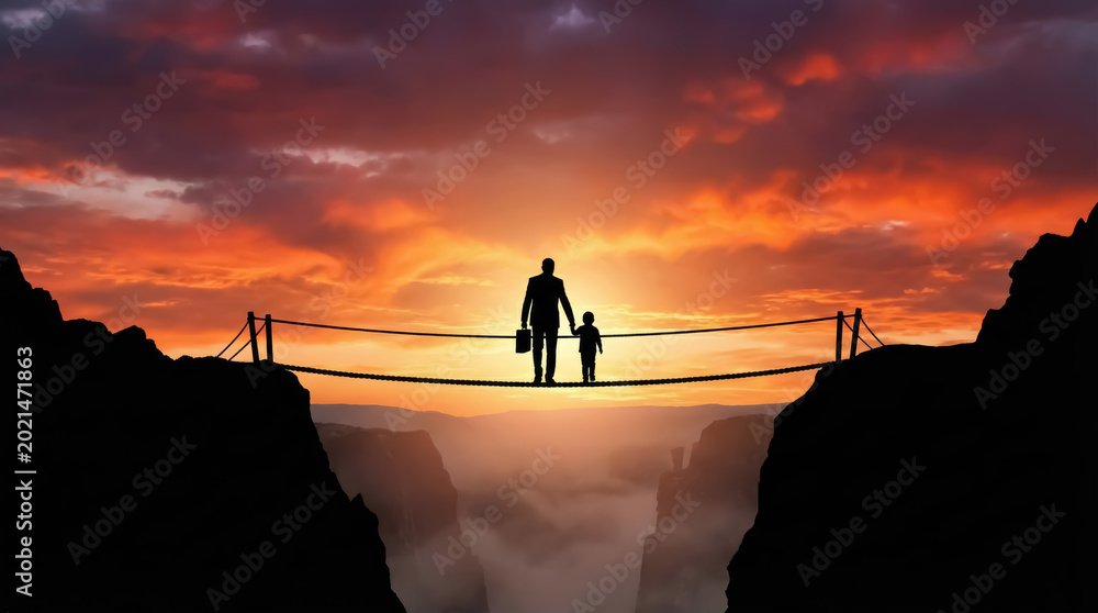Obraz premium Silhouette of a businessman holding a briefcase and a small child walking together across a rope bridge over a deep canyon at sunset