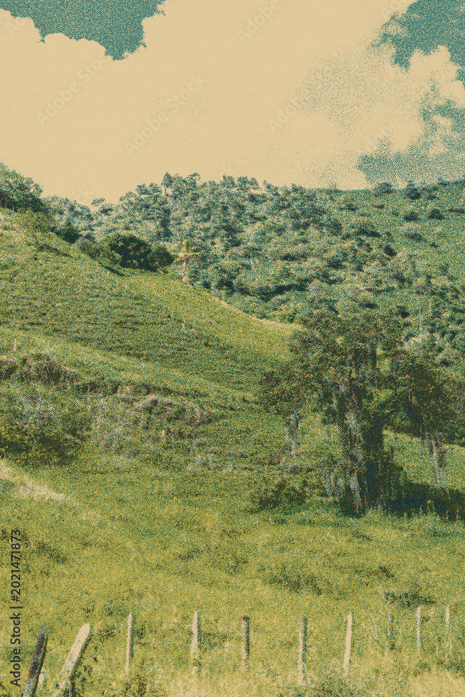 Fototapeta premium landscape of antioquia green mountains vintage postcard print