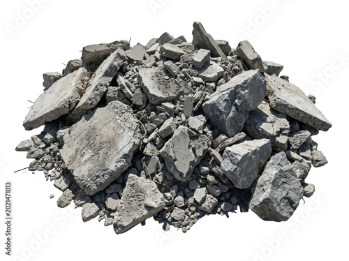Pile of broken gray concrete rubble and construction debris